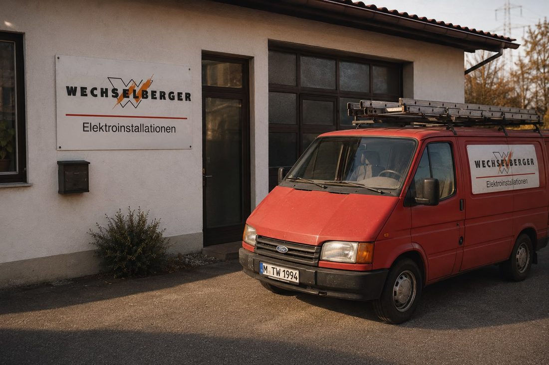 Firmenfahrzeug und Werkstatt von Elektro Wechselberger im Gründungsjahr 1994