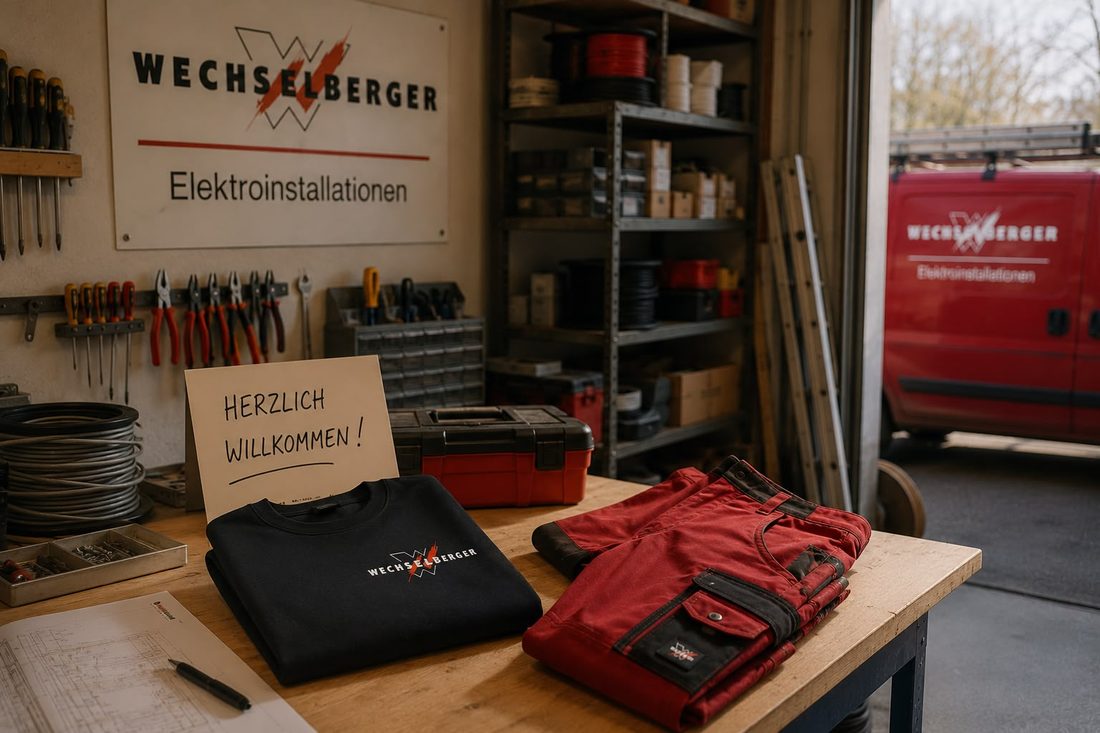 Werkstatt von Elektro Wechselberger mit erster Arbeitskleidung 1998